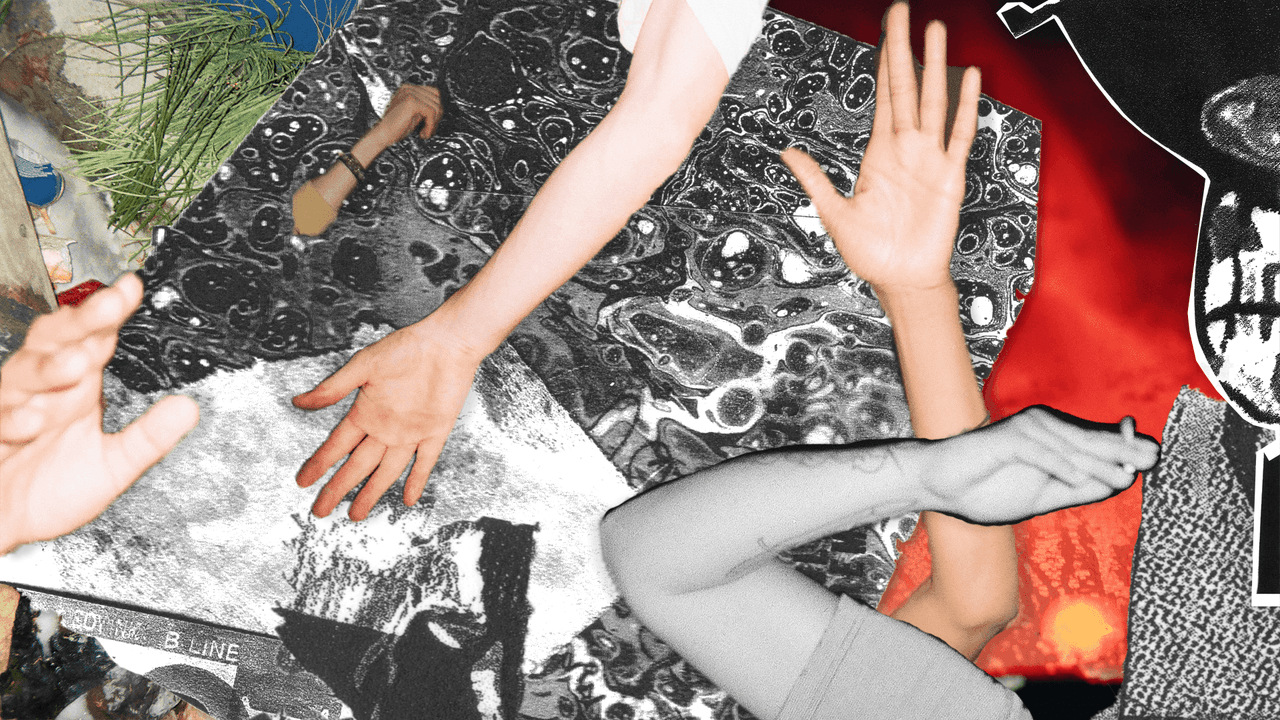 Collage of multiple disembodied hands reaching, interacting, and layered over abstract, textured backgrounds.